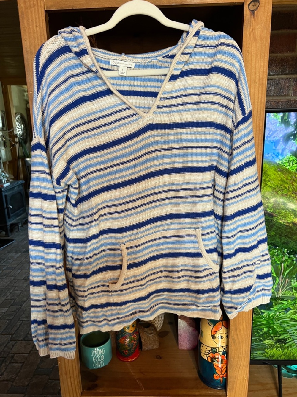 Cato Striped V-Neck Hoodie in Blue and Cream